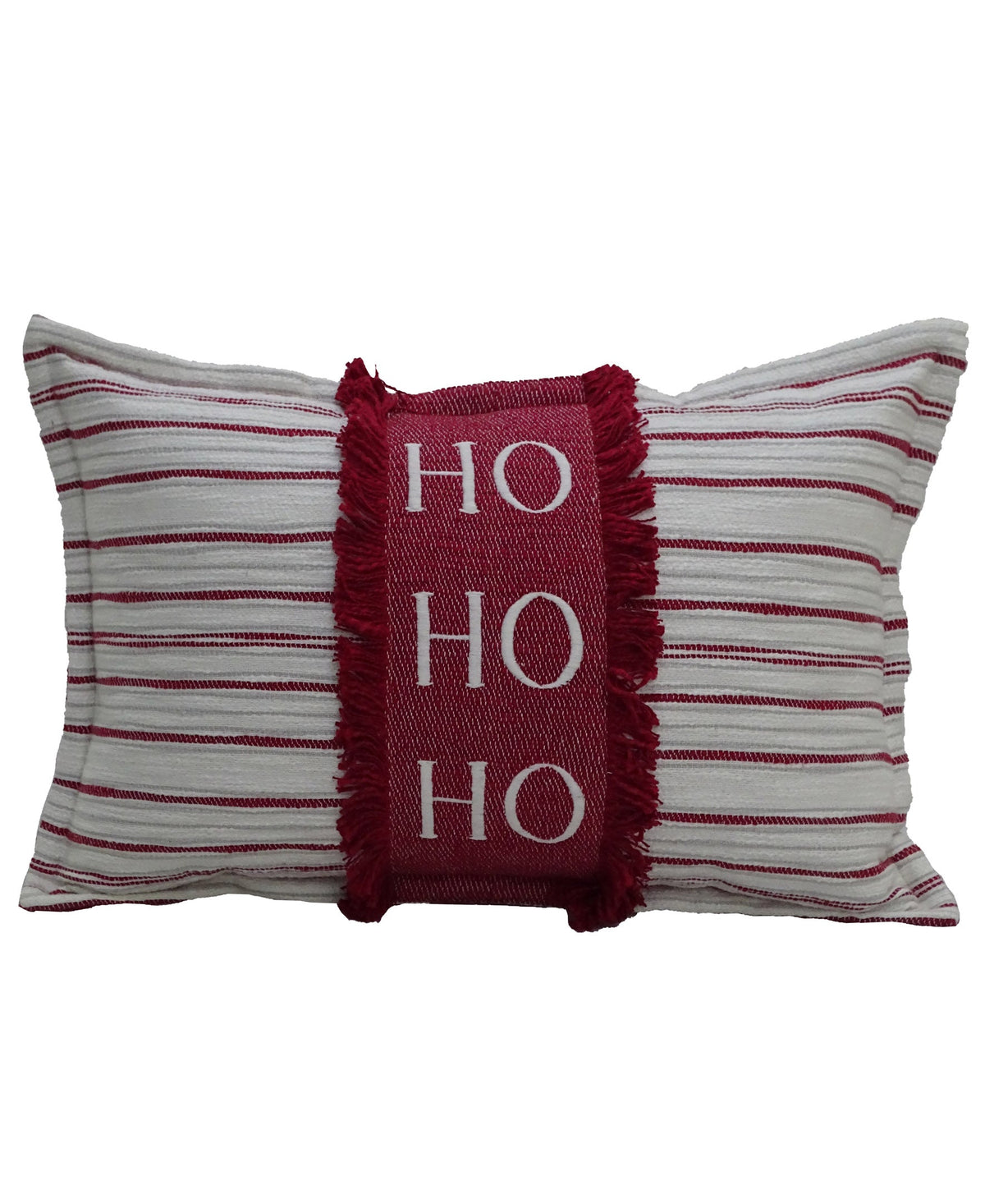 Throw pillow with red and white striped fabric, red fringe and HO HO HO tag on Tampa Home & Garden Store