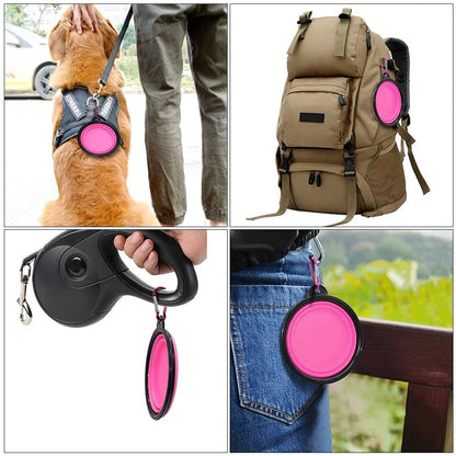 Vibhsa 5in portable foldable pink dog bowls set of 5 shown on harness, backpack and leash clip on Tampa Home & Garden Store