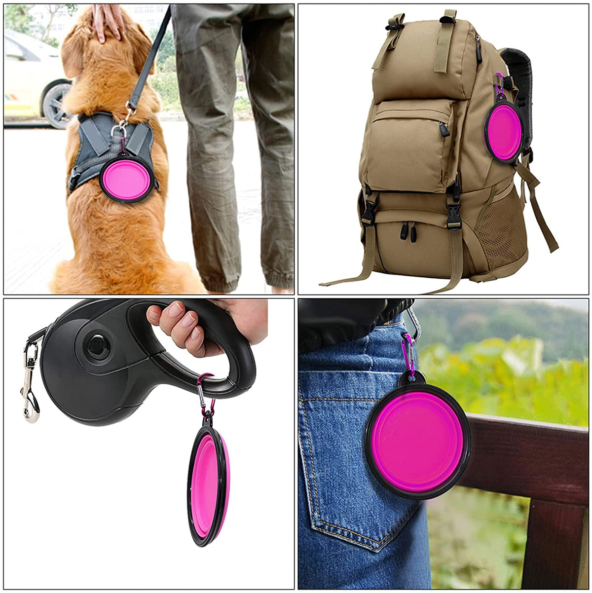 Vibhsa 5in portable foldable dog bowl set of 5 in purple attached to leash harness and backpack on Tampa Home & Garden Store