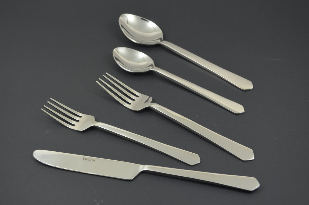 Vibhsa 20-piece flatware set in silver stainless steel with forks, knives and spoons on Tampa Home & Garden Store