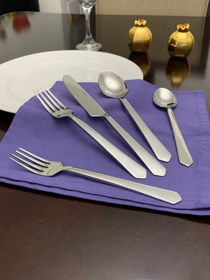 Vibhsa 20-piece flatware set in silver stainless steel on purple napkin on Tampa Home & Garden Store
