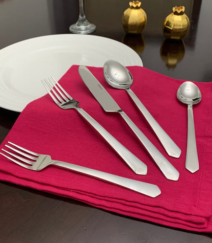 Vibhsa 20-piece flatware set in stainless steel with forks, knives, and spoons on a red napkin on Tampa Home & Garden Store