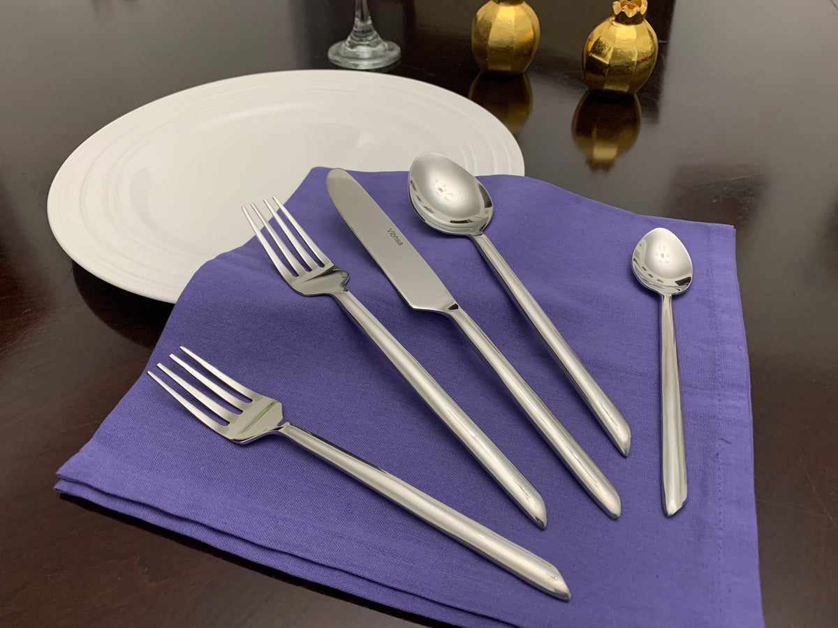 Vibhsa flatware set 20 pcs stainless steel with silver design unique handle on purple napkin on Tampa Home & Garden Store