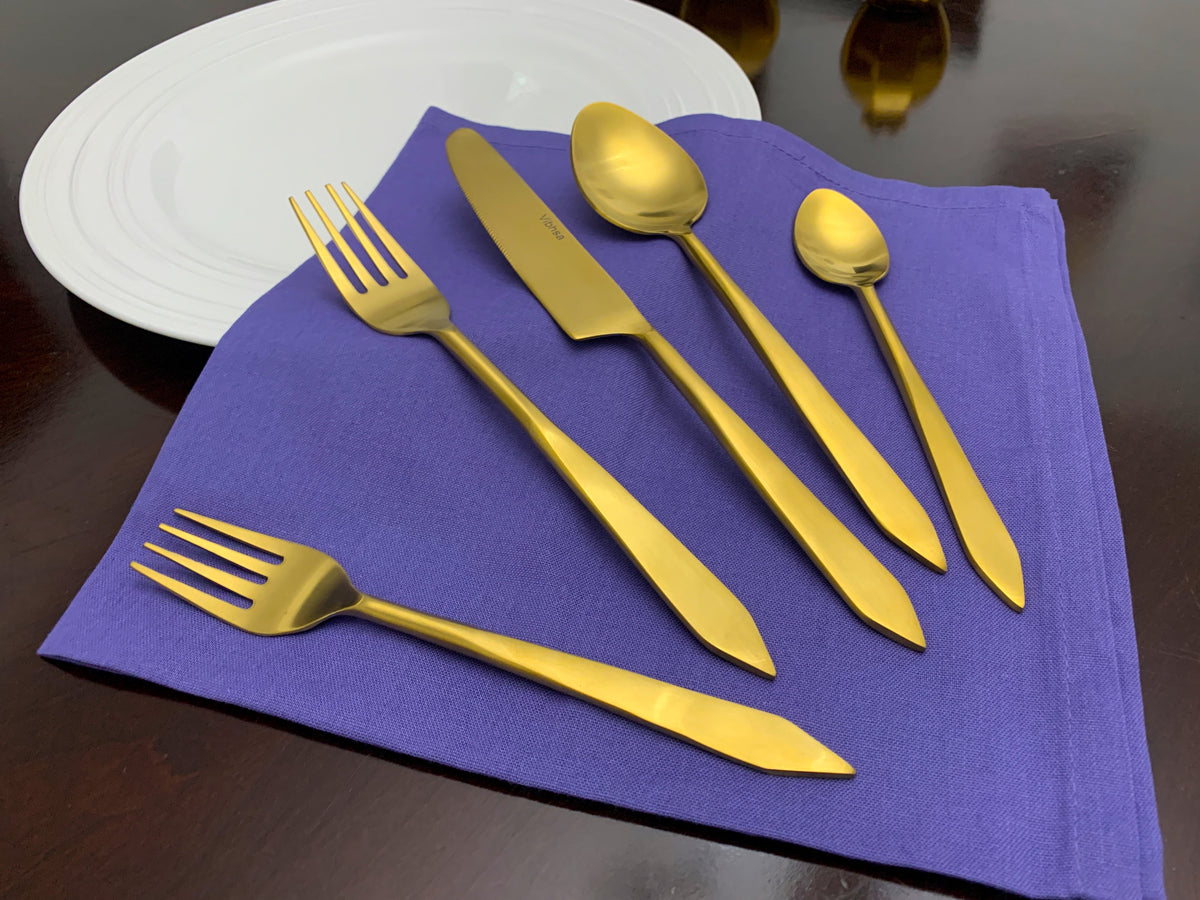 Vibhsa flatware set 20-piece gold stainless Taj Look with forks spoons and knife on napkin on Tampa Home & Garden Store