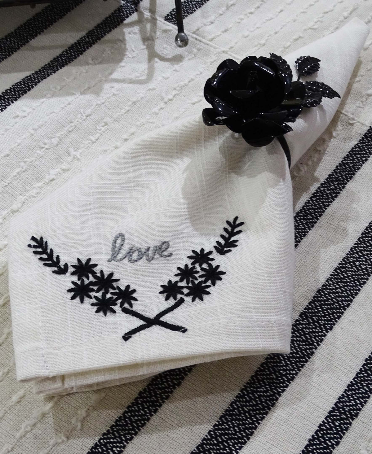 Vibhsa cotton table napkins set of 4, white with black Love embroidery, 20x20 on Tampa Home & Garden Store