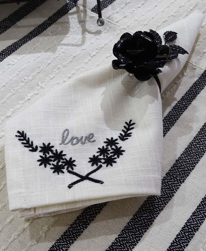 Vibhsa cotton table napkins set of 4, white with black Love embroidery, 20x20 on Tampa Home & Garden Store