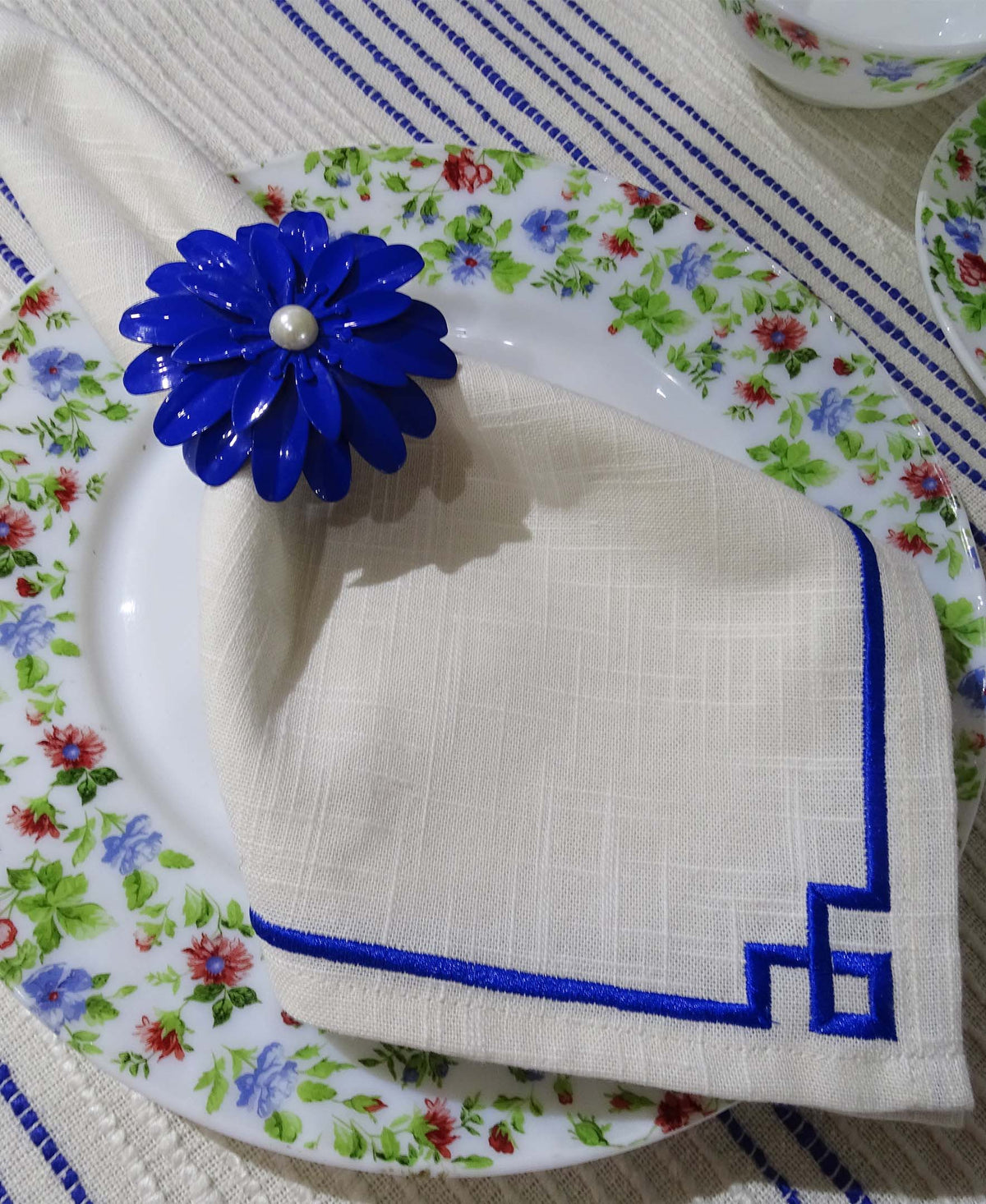 Vibhsa cotton table napkins set of 4 with blue embroidery border, 20x20 beige on Tampa Home & Garden Store