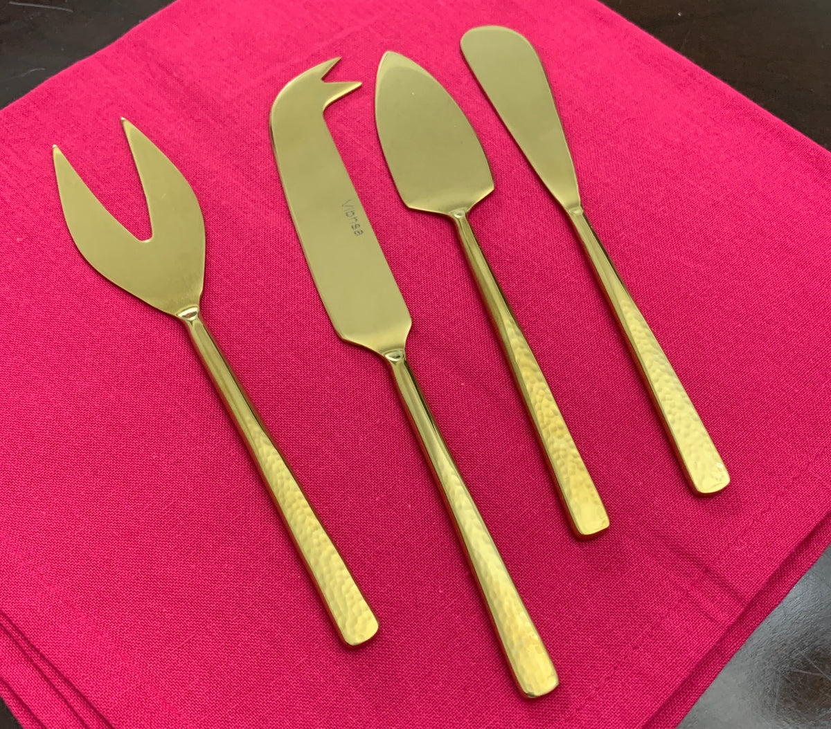 Cheese knife set by Vibhsa, four-piece gold-tone stainless steel hammered knives on Tampa Home & Garden Store