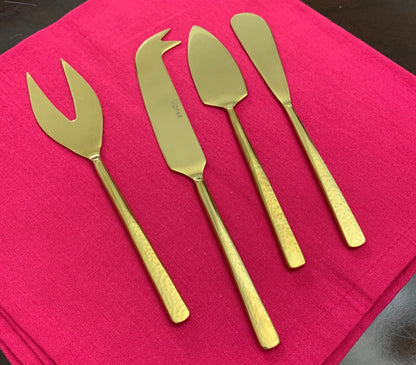 Cheese knife set by Vibhsa, four-piece gold-tone stainless steel hammered knives on Tampa Home & Garden Store