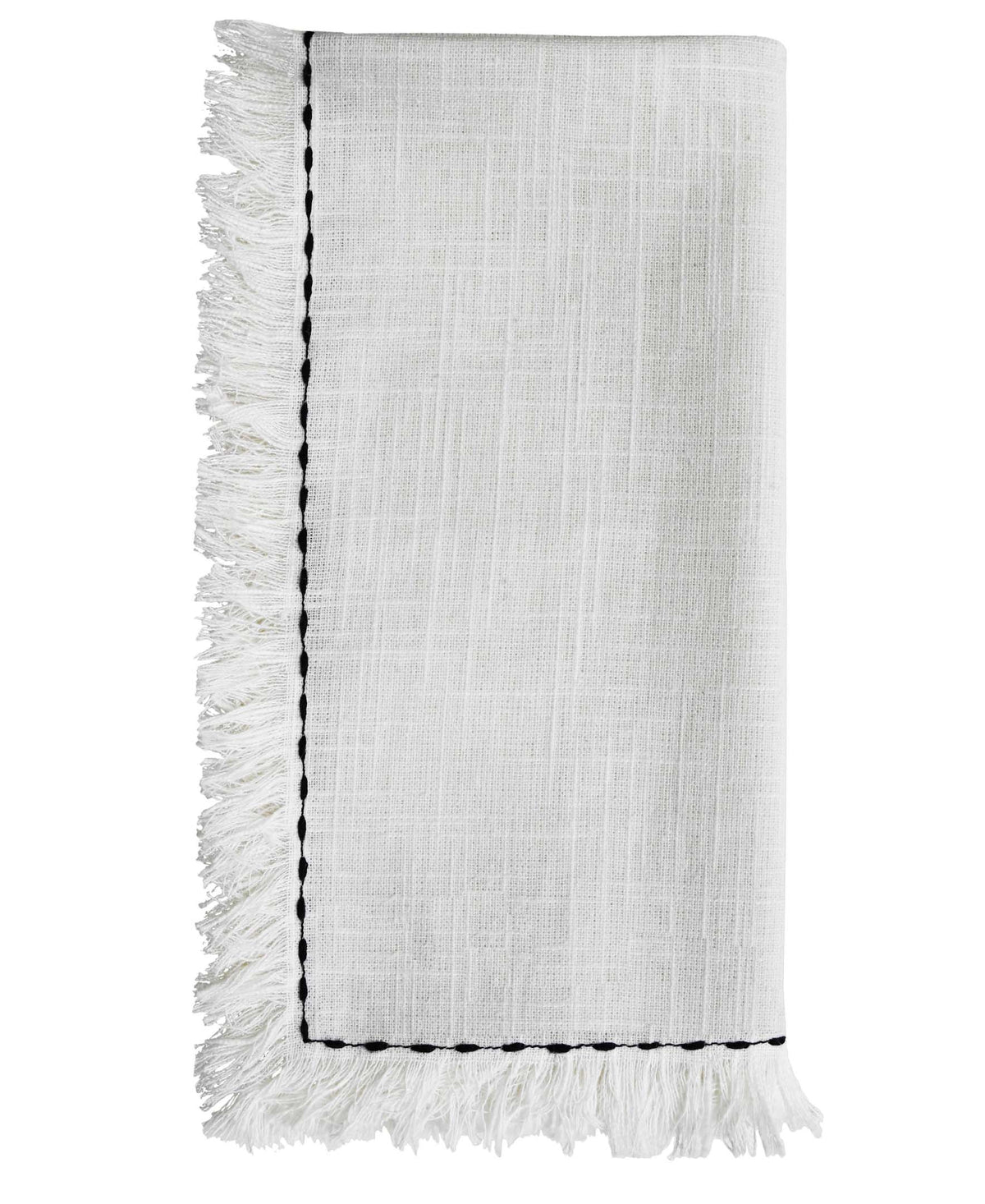 Vibhsa cotton table napkins set of 4 with black embroidered border and fringed edges on Tampa Home & Garden Store