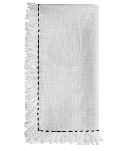 Vibhsa cotton table napkins set of 4 with black embroidered border and fringed edges on Tampa Home & Garden Store