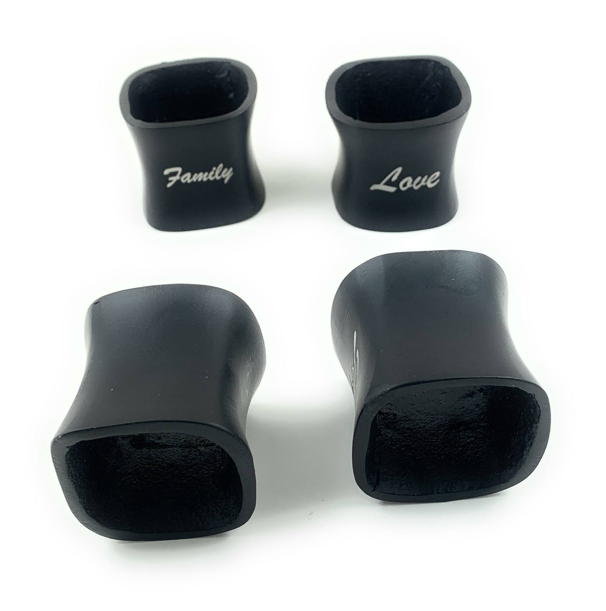 Vibhsa Christmas Napkin Rings set of 4, black napkin rings with white Family and Love text on Tampa Home & Garden Store