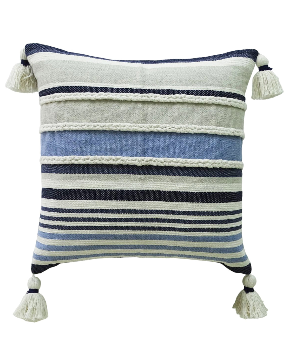 Throw pillow handwoven braided striped decor navy and white with tassel edges by Vibhsa on Tampa Home & Garden Store