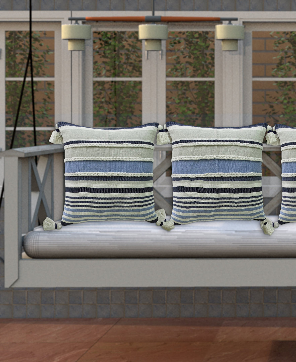 Throw pillows Handwoven braided stripe decor navy blue and cream with tassels Vibhsa 3-pack on Tampa Home & Garden Store