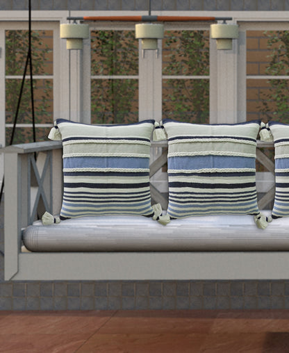 Throw pillows Handwoven braided stripe decor navy blue and cream with tassels Vibhsa 3-pack on Tampa Home & Garden Store