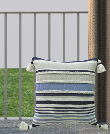 Throw Pillow Vibhsa handwoven braided textured stripe decor navy white with tassels on Tampa Home & Garden Store