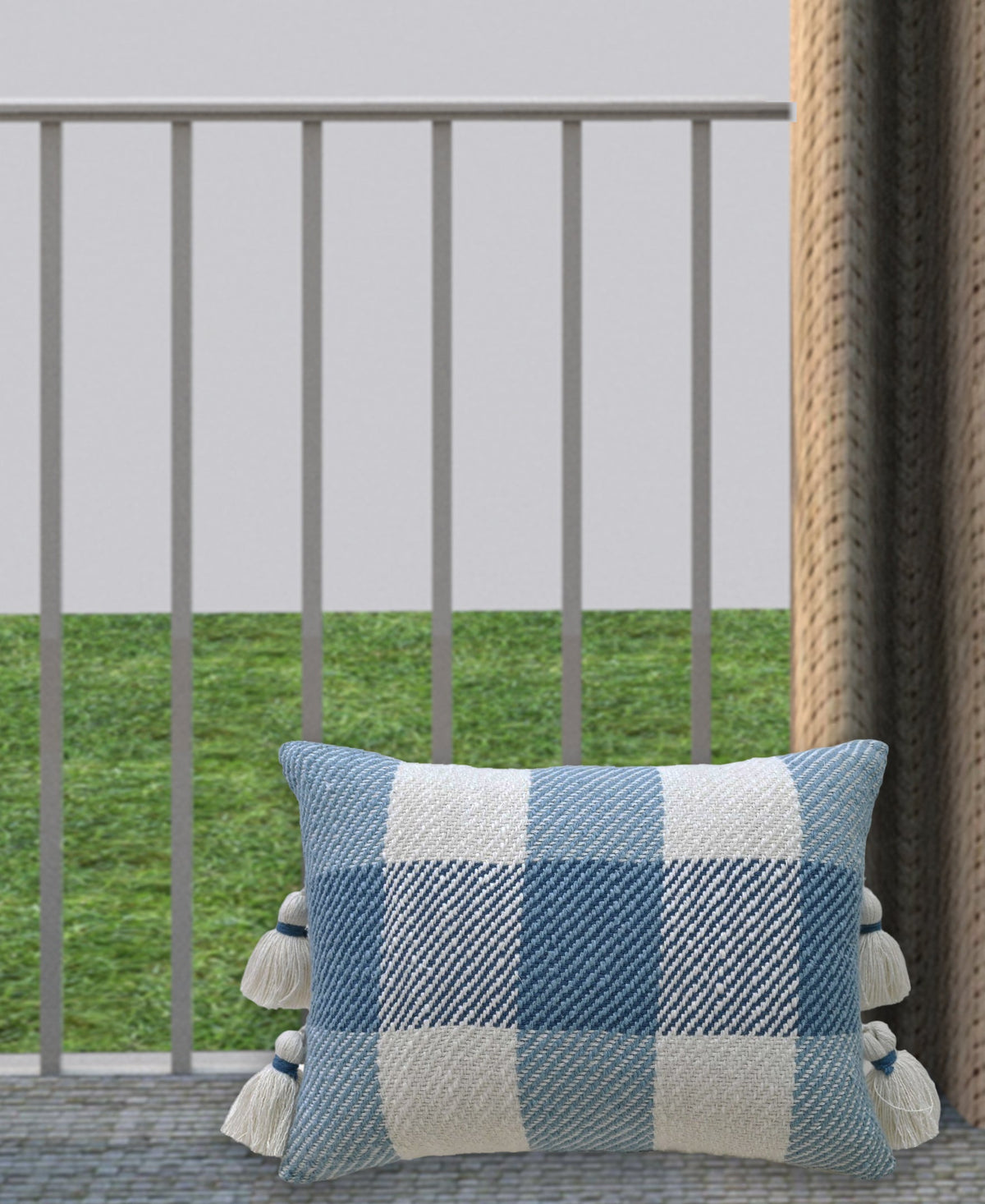 Vibhsa throw pillow with insert, handloom woven blue and ivory plaid with tassel fringe on Tampa Home & Garden Store