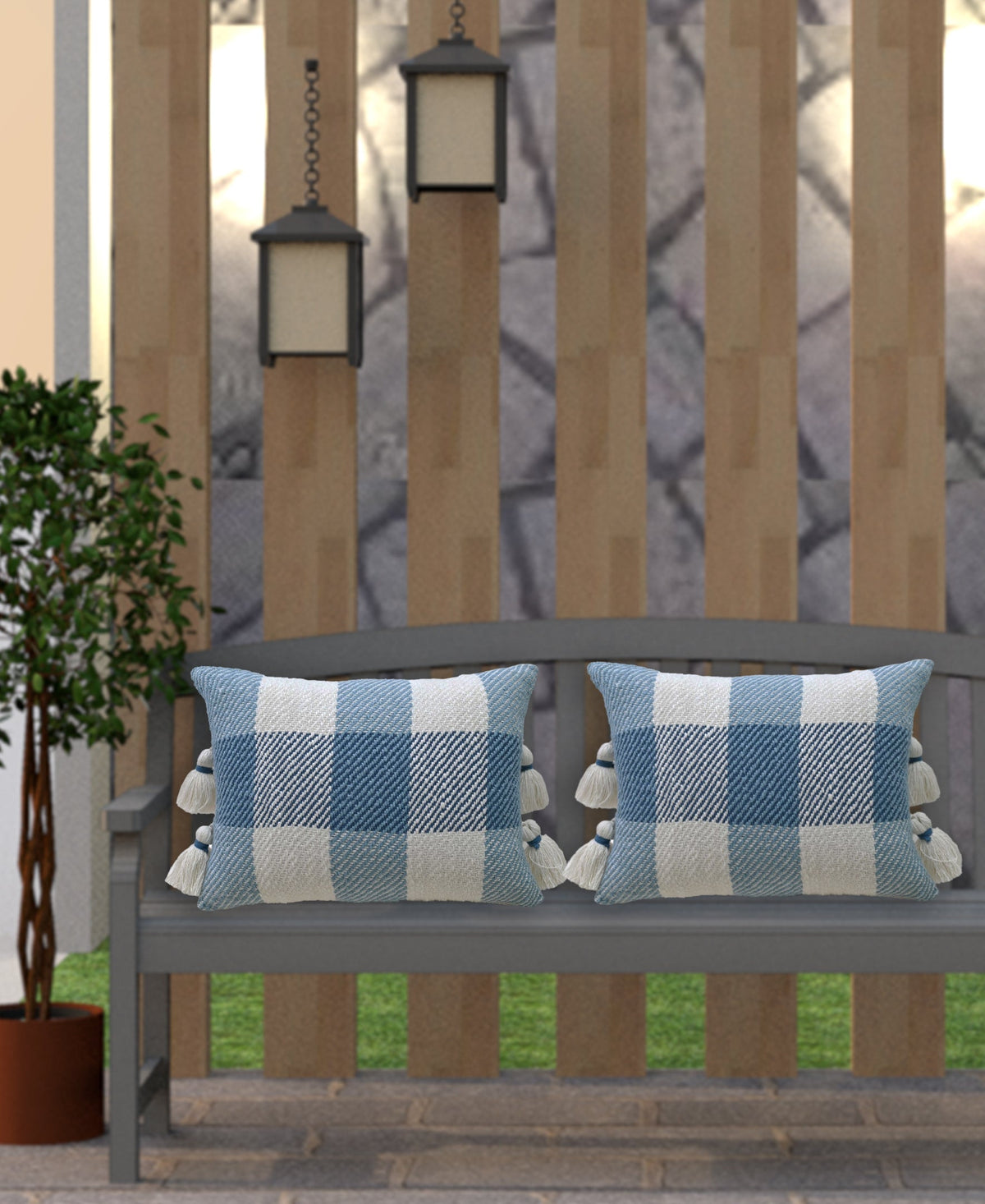 Vibhsa handloom plaid throw pillows, set of 2 blue and white cushions with tassels and insert on Tampa Home & Garden Store