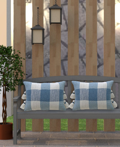 Vibhsa handloom plaid throw pillows, set of 2 blue and white cushions with tassels and insert on Tampa Home & Garden Store