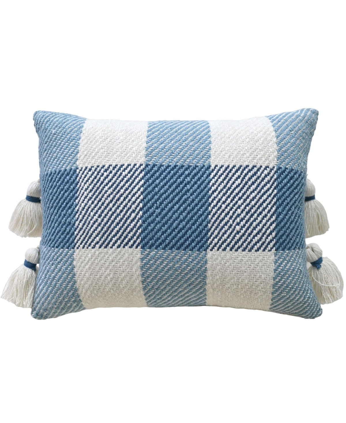 Vibhsa handloom plaid decorative pillow with insert, blue and white weave tassels on Tampa Home & Garden Store