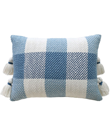 Vibhsa handloom plaid decorative pillow with insert, blue and white weave tassels on Tampa Home & Garden Store