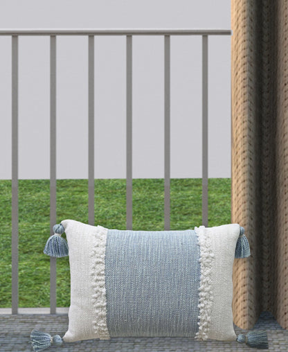 Vibhsa handloom woven decorative throw pillow with insert, cream and pale blue tassel fringe on Tampa Home & Garden Store