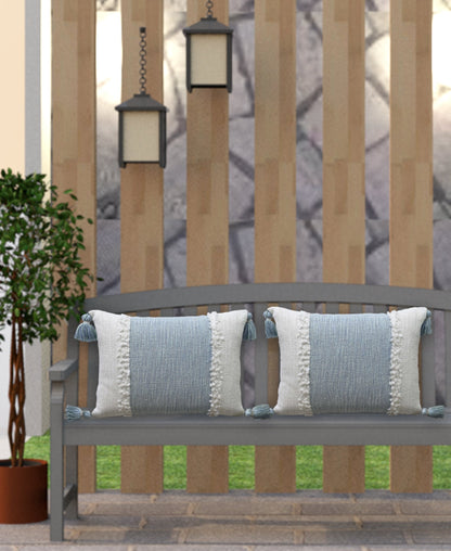 Vibhsa handloom woven decorative throw pillow with insert blue ivory textured stripe tassels on Tampa Home & Garden Store