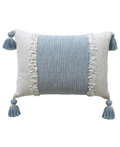 Vibhsa handloom throw pillow with insert, blue center panel and pom pom trim tassels at corners on Tampa Home & Garden Store