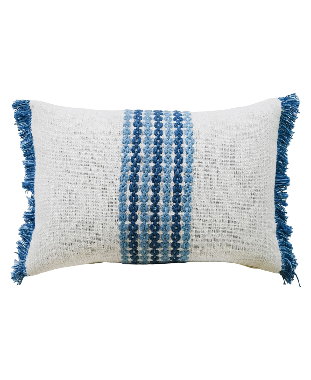 Vibhsa handloom decorative throw pillow white with blue woven stripe and blue fringe on Tampa Home & Garden Store