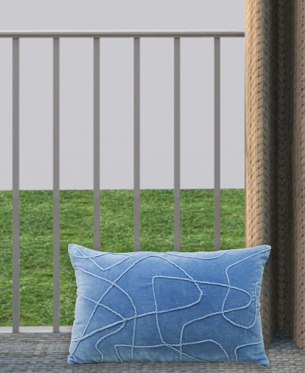 Vibhsa Linden velvet decorative throw pillow 14x24 in blue with light gray embroidery lines on Tampa Home & Garden Store