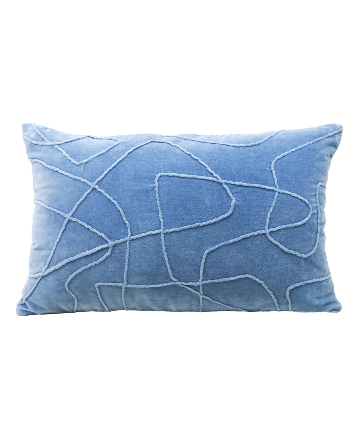 Vibhsa Linden velvet embroidered throw pillow 14x24 in blue with stitched geometric lines on Tampa Home & Garden Store
