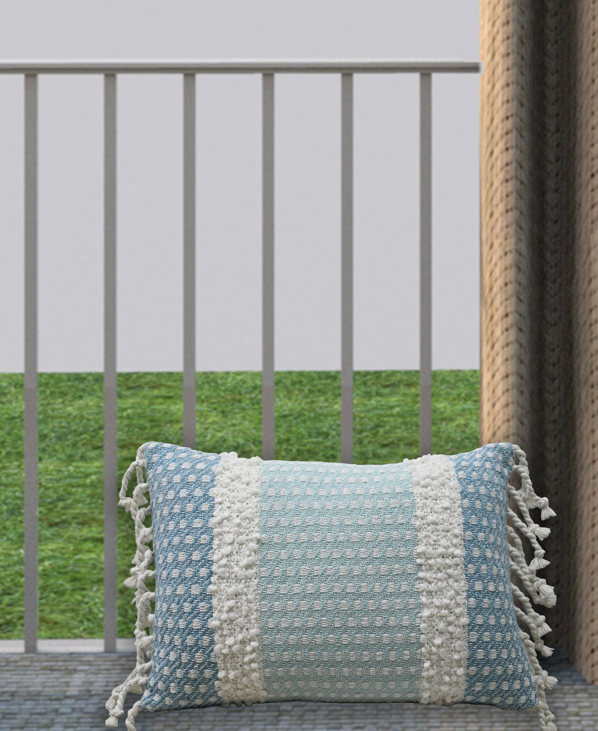 Handwoven Buttknot Edging Throw Pillow blue/white weave with tassel trim 14x20 by Vibhsa on Tampa Home & Garden Store