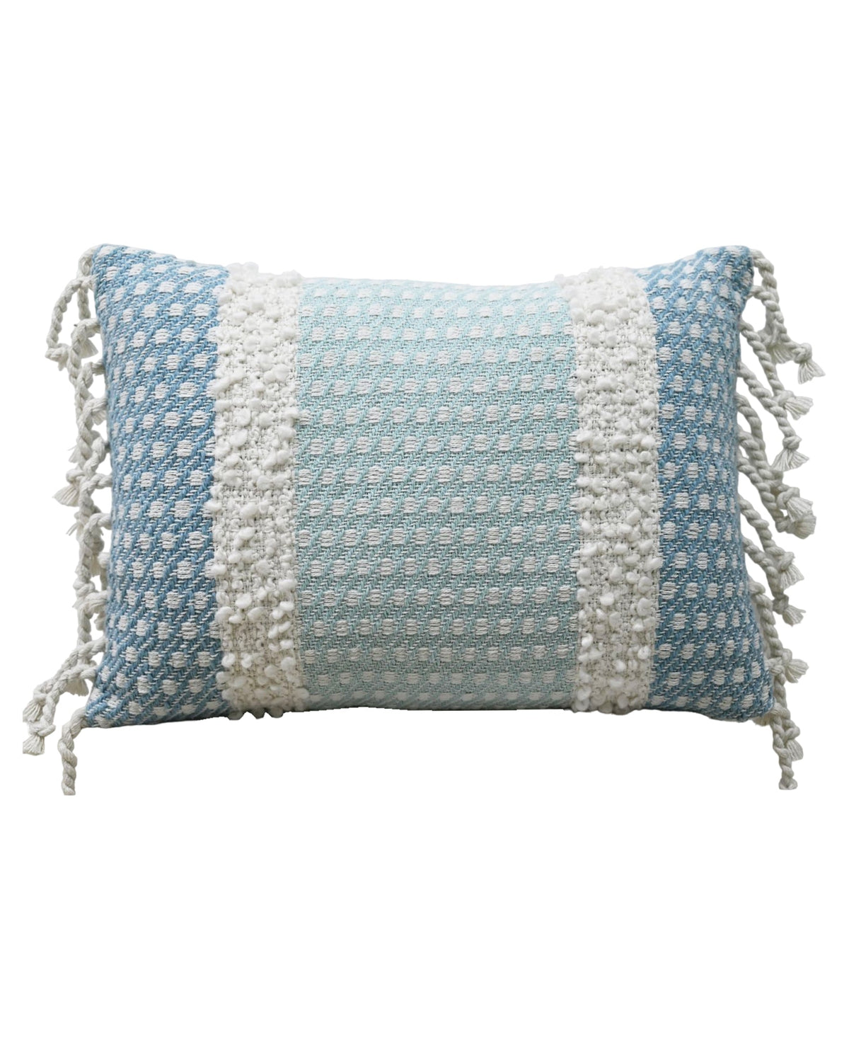 Throw Pillow handwoven Buttknot Edging by Vibhsa in blue and white with tassel fringe on Tampa Home & Garden Store