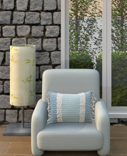 Handwoven Buttknot Edging Decorative Pillow 14x20 by Vibhsa in soft blue with white fringe on Tampa Home & Garden Store