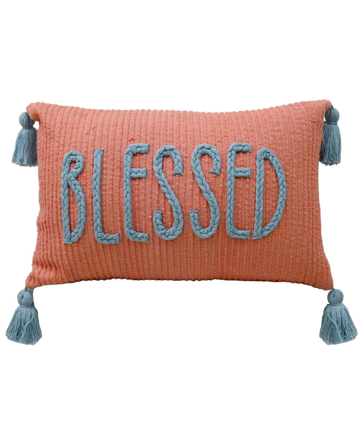 Handwoven Braid Pillow coral with blue braided lettering and tassels by Vibhsa 14x24 on Tampa Home & Garden Store