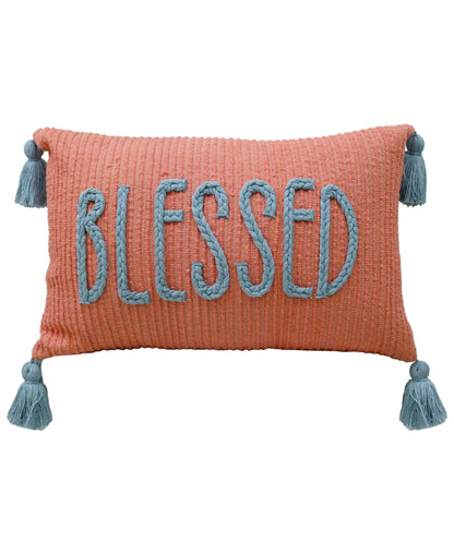 Handwoven Braid Pillow coral with blue braided lettering and tassels by Vibhsa 14x24 on Tampa Home & Garden Store