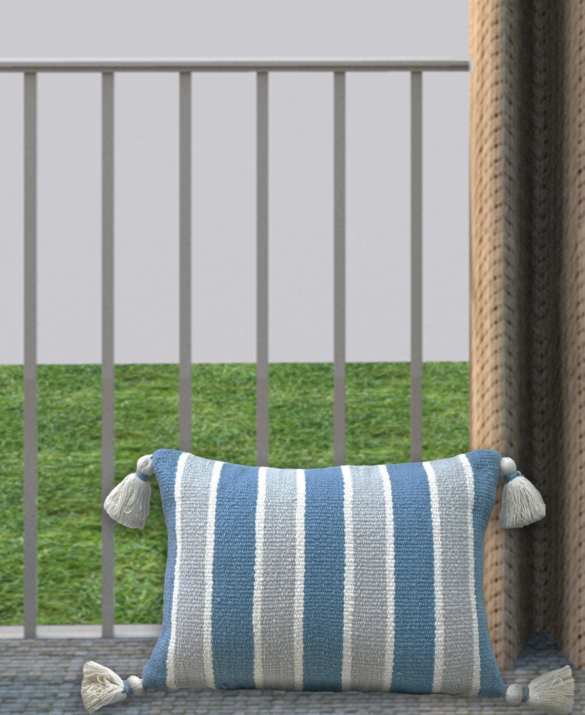 Handwoven Corner Tassels Decorative Pillow 14x20 blue and gray striped tassel ends Vibhsa on Tampa Home & Garden Store