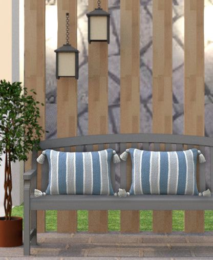 Handwoven Corner Tassels Pillows, 2 pcs, blue and white striped, 14x20, Vibhsa throw pillows on Tampa Home & Garden Store