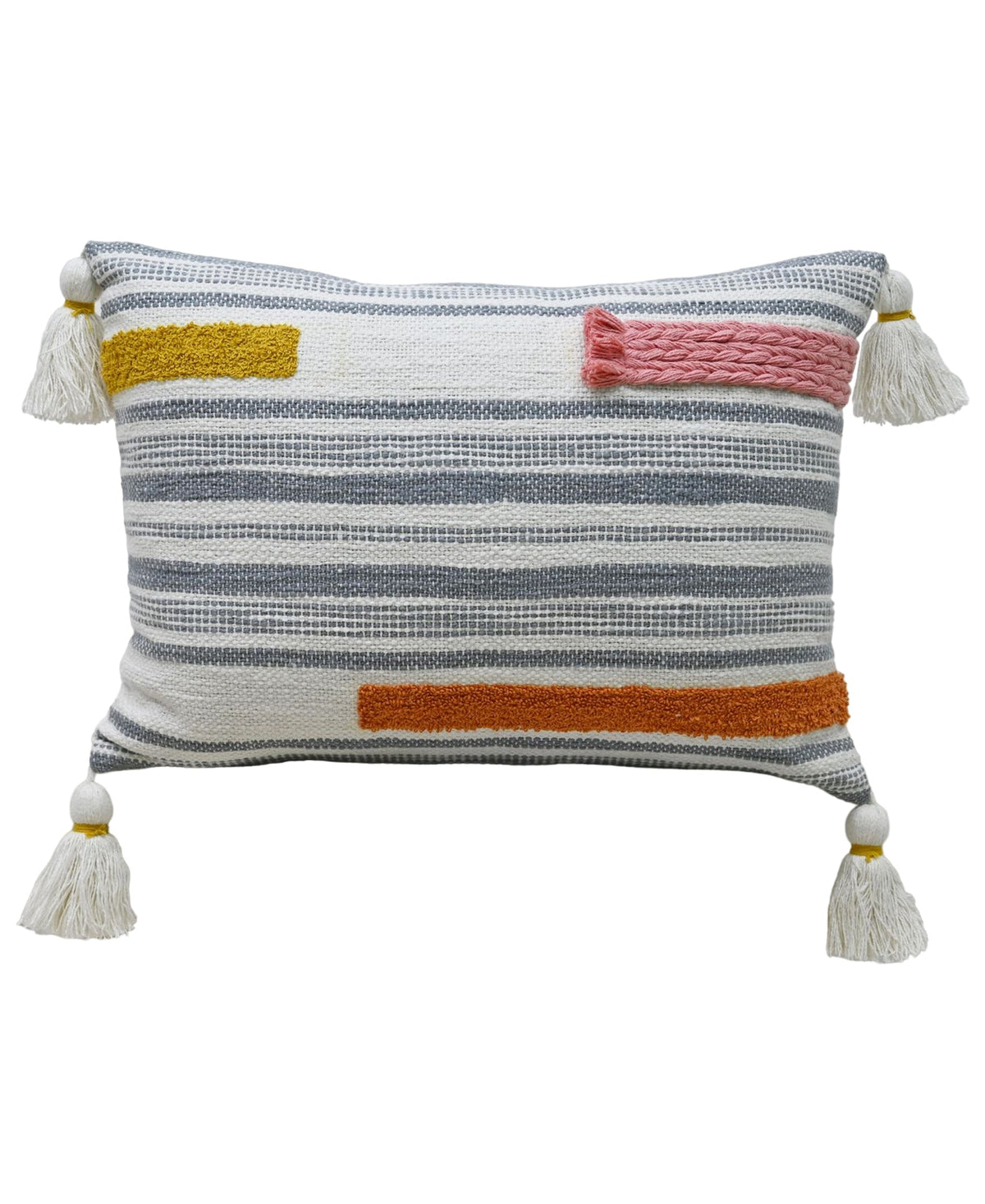 Handwoven embroidery braid throw pillow with blue-gray stripes and pink braid accents, 4 tassels on Tampa Home & Garden Store
