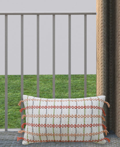 Handwoven knotted edging decorative throw pillow 14x24 in white with orange tassels Vibhsa on Tampa Home & Garden Store