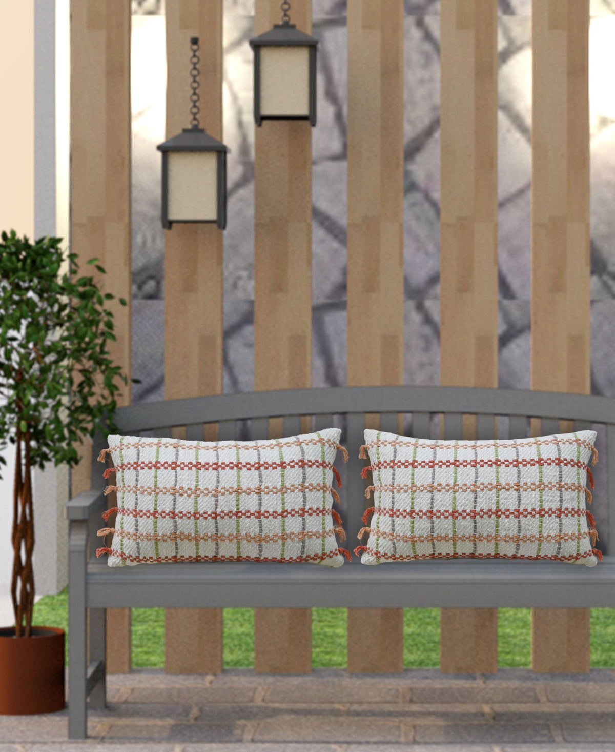 Two handwoven knotted-edging throw pillows, 14x24, orange-green plaid with tassel trim by Vibhsa on Tampa Home & Garden Store
