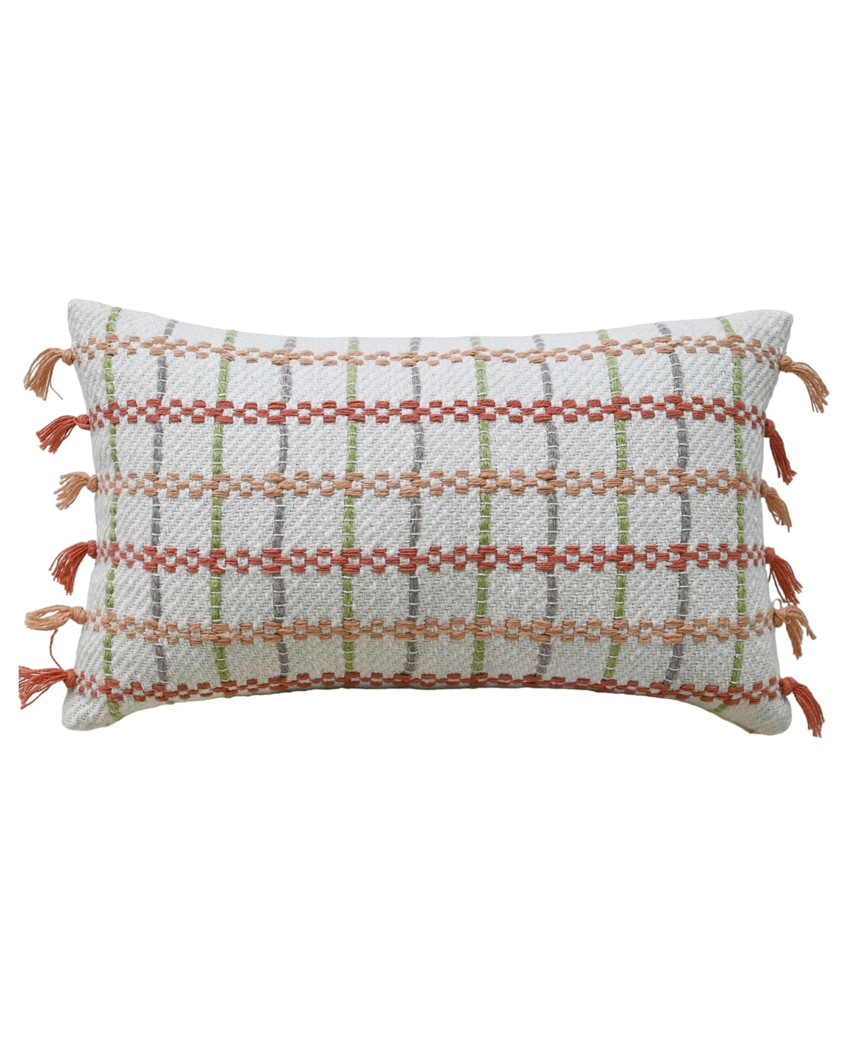 Throw pillow Handwoven knotted edging 14x24 in white with orange bands and tassels by Vibhsa on Tampa Home & Garden Store