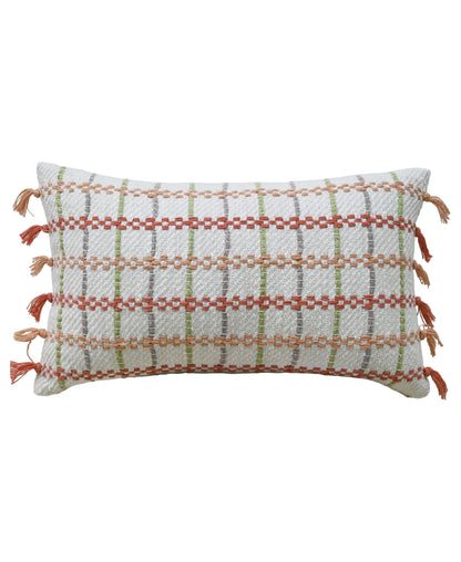 Throw pillow Handwoven knotted edging 14x24 in white with orange bands and tassels by Vibhsa on Tampa Home & Garden Store