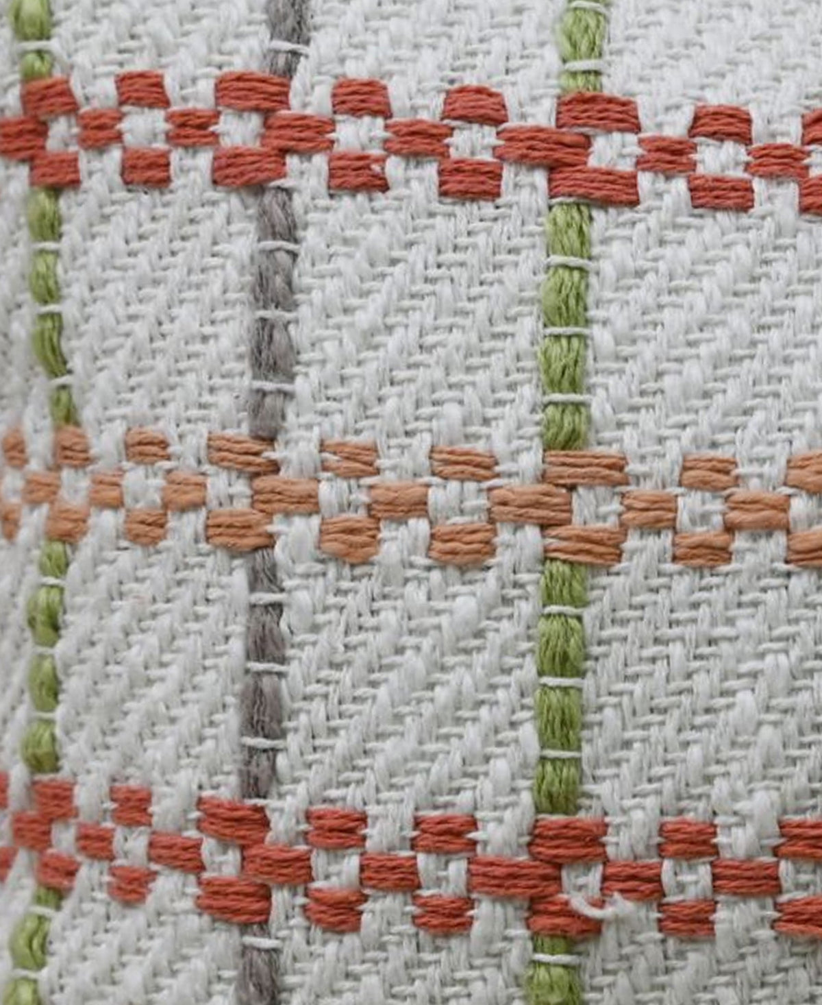 Handwoven knotted edging decorative throw pillow white base orange-red knots green accents on Tampa Home & Garden Store