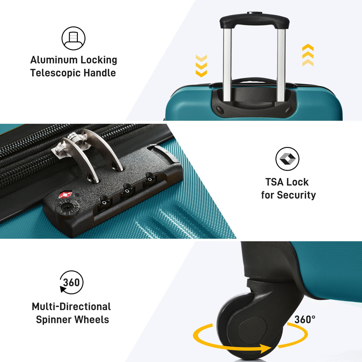 HouseOfZazla teal hardshell 4-piece luggage set with aluminum telescoping handle and TSA lock on Tampa Home & Garden Store