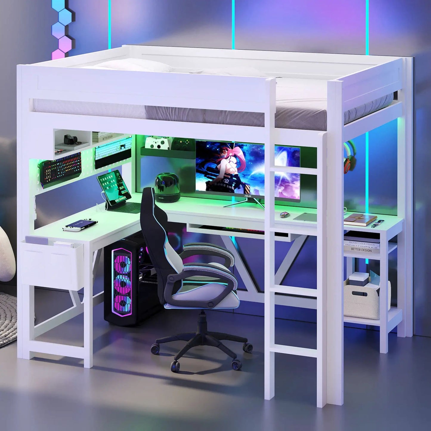 Gaming Loft Bed with Desk and LED Lighting