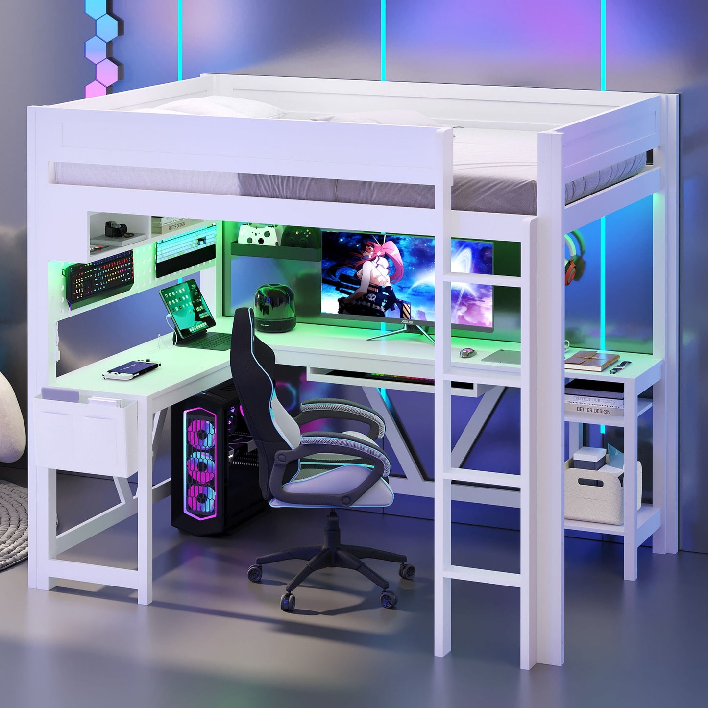 Gaming loft bed with desk, storage shelves, LED lighting and charging station, HouseOfZazla on Tampa Home & Garden Store