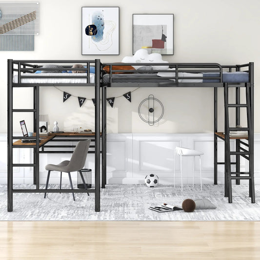Two twin metal loft beds with built-in desks in black form a shared study area on Tampa Home & Garden Store