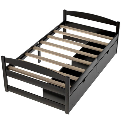 Platform bed with 2 drawers, black metal frame and natural wood slats on Tampa Home & Garden Store