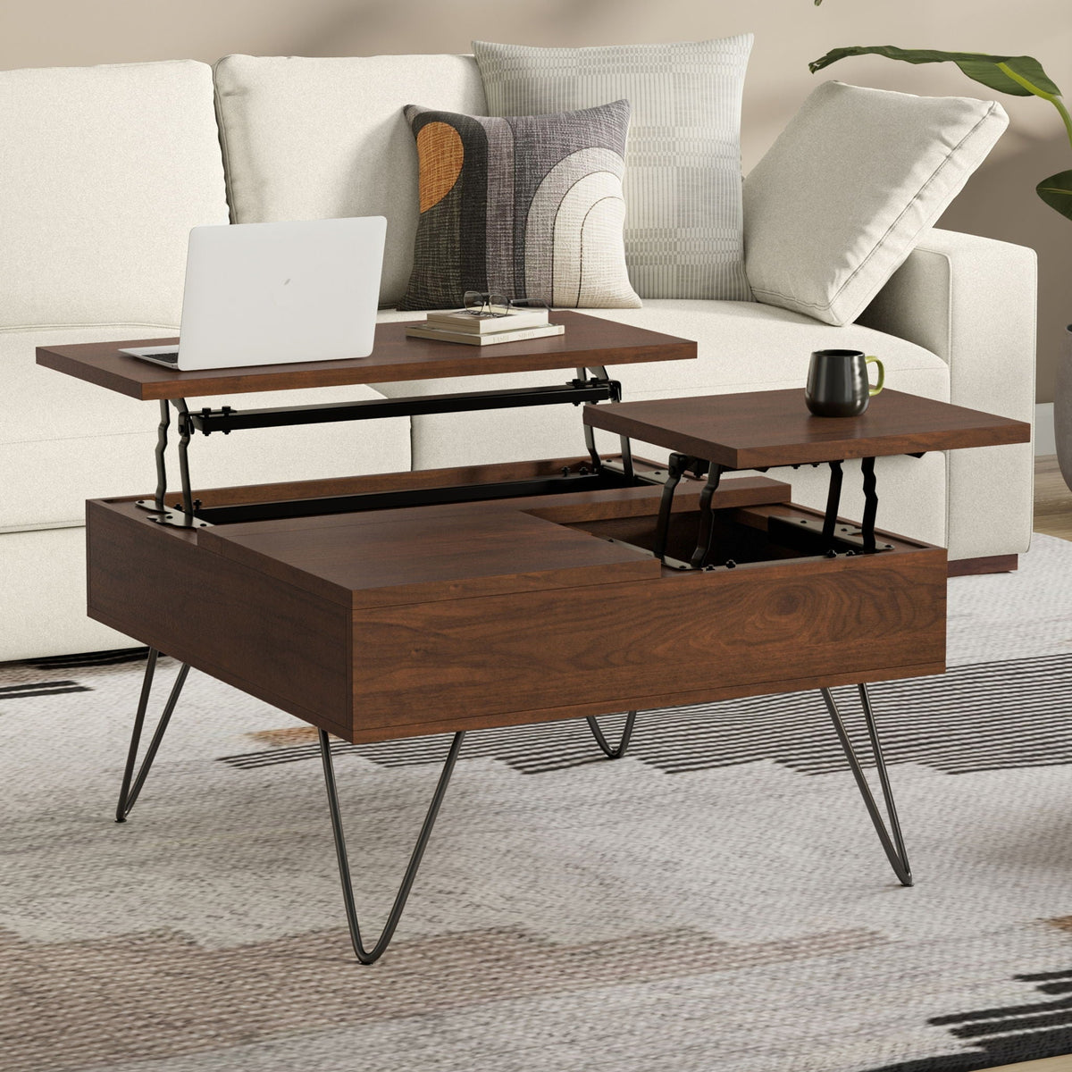 HouseOfZazla square lift-top walnut coffee table with hidden storage on black metal legs on Tampa Home & Garden Store